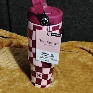 Juicy Couture Pink and White Checkered Travel Mug